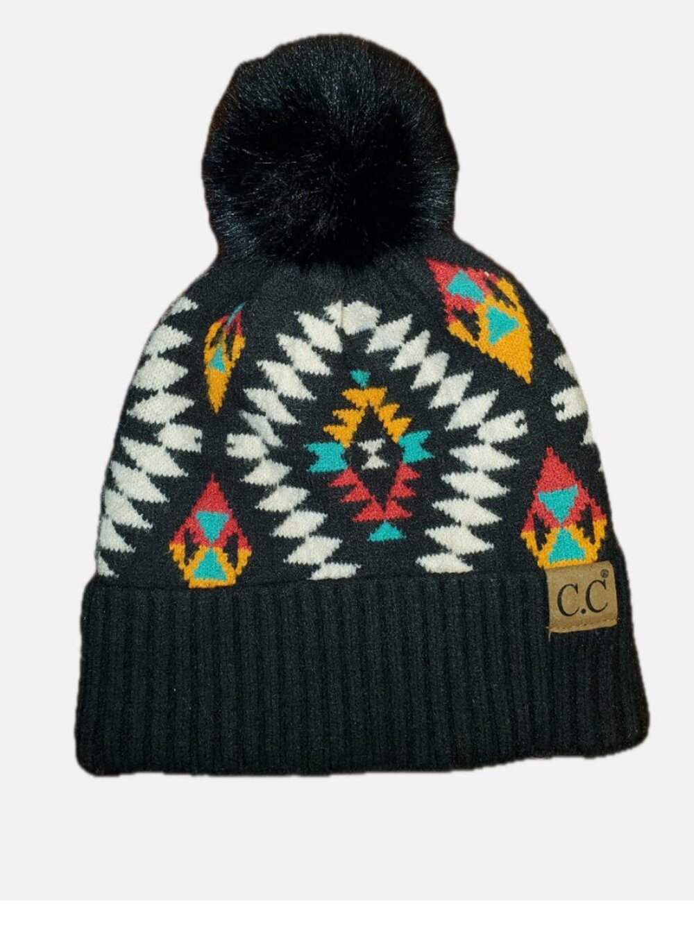 C.C black knit pom-pom beanie